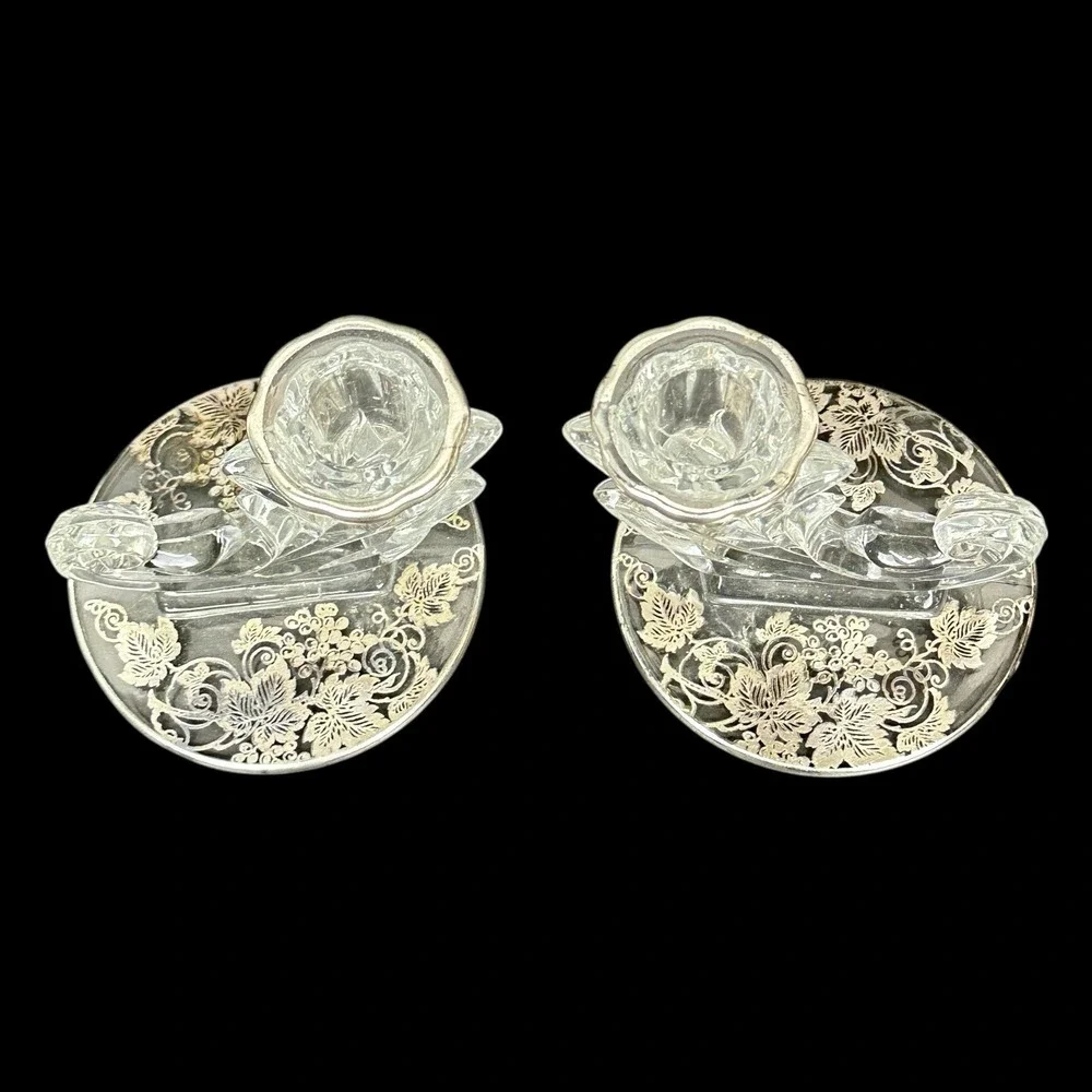 Fostoria Clear Glass Candlestick Set Sterling Silver Overlay Baroque Grapes Ivy